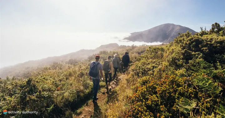Hikers on a misty ridge trail inside Haleakalā National Park