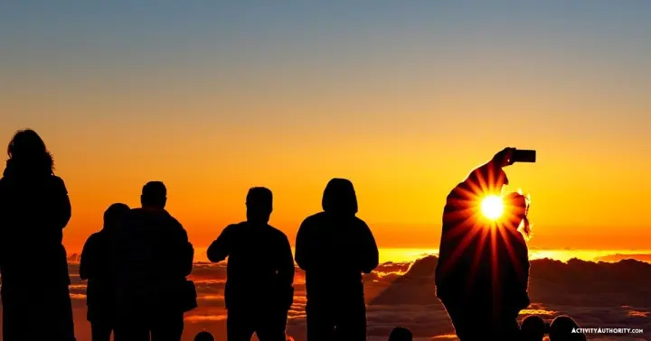 Visitors silhouetted against a golden sunrise at the summit of Haleakalā