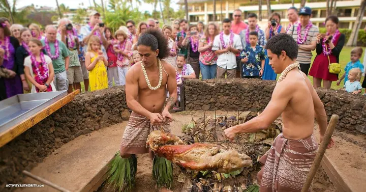 Imu ceremony unearthing the roasted pig at the Sheraton Maui Nui Luau