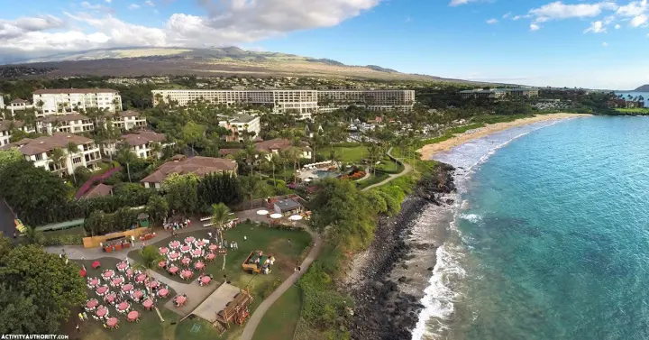 Aerial view of the Wailea Marriott oceanfront luau grounds and coastline